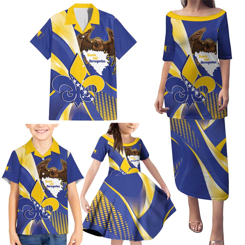Bosnia and Herzegovina Independence Day Family Matching Puletasi and Hawaiian Shirt Zlatni Ljiljan Map With Eagle Proud