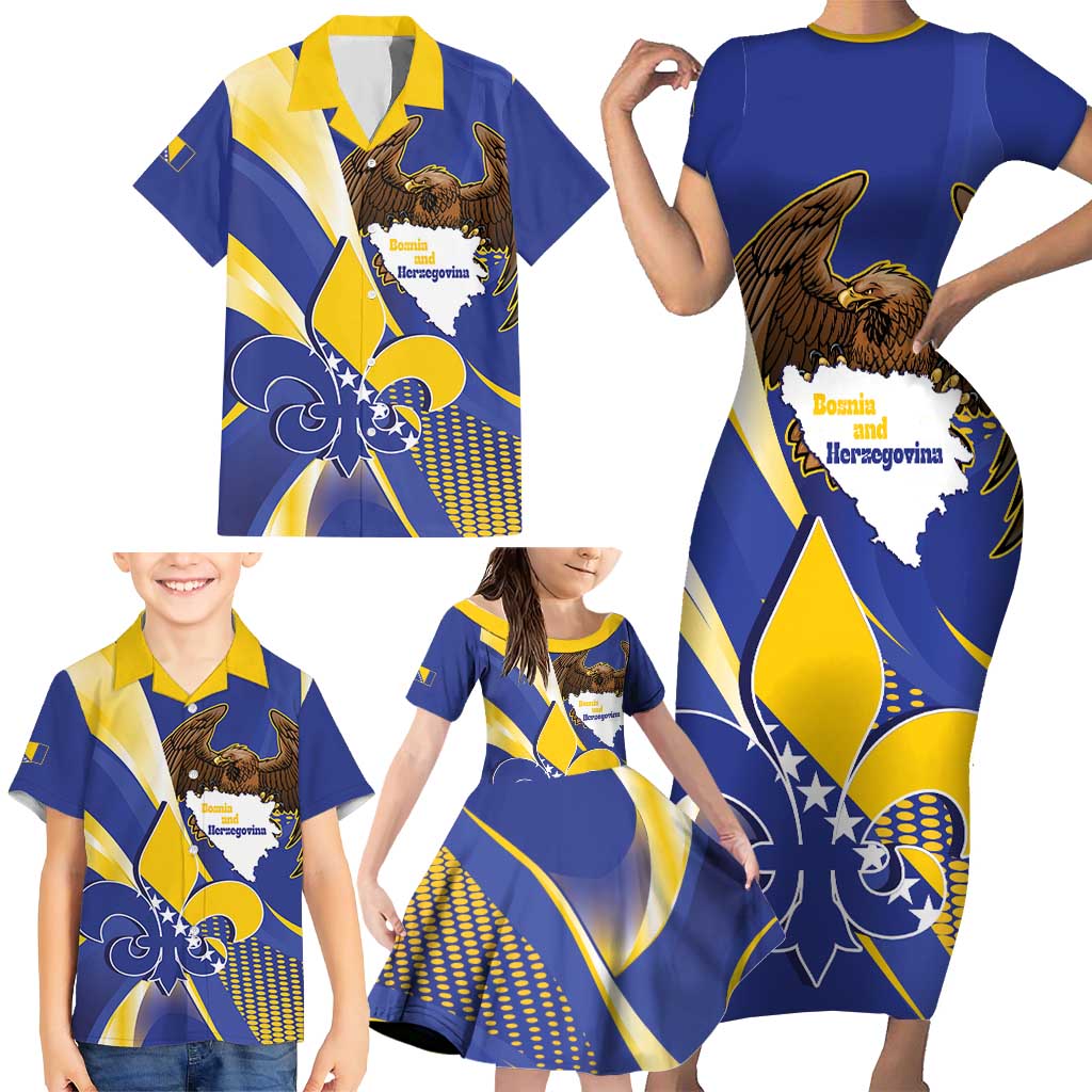 Bosnia and Herzegovina Independence Day Family Matching Short Sleeve Bodycon Dress and Hawaiian Shirt Zlatni Ljiljan Map With Eagle Proud