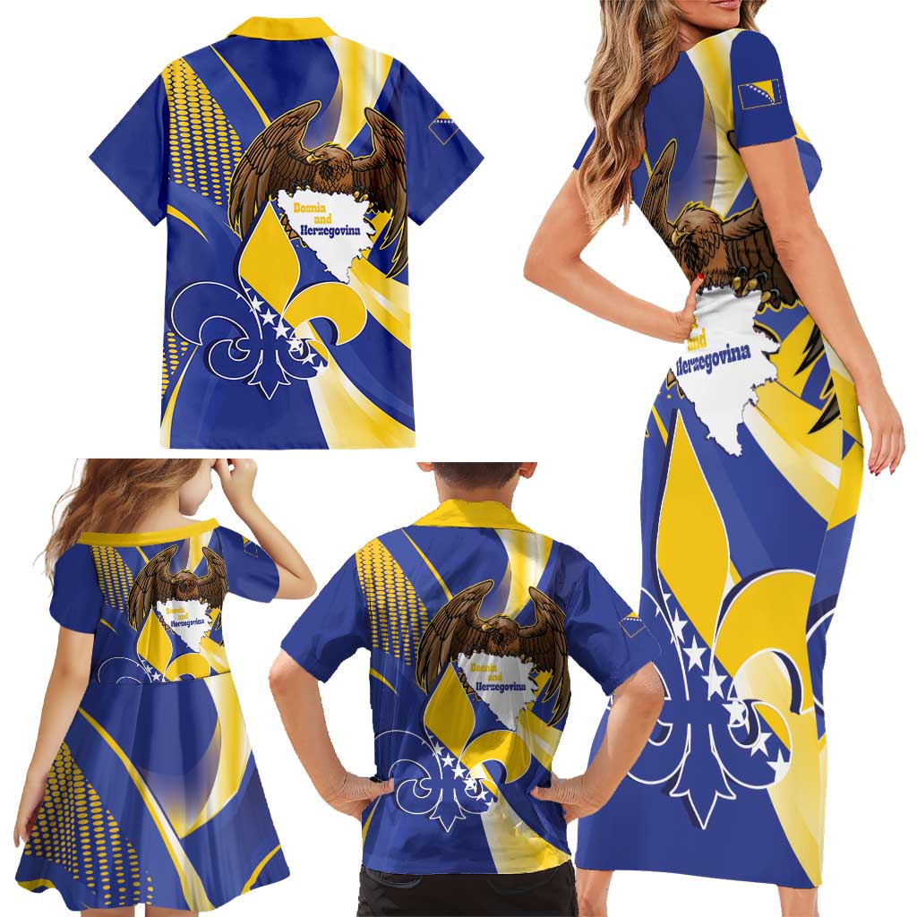 Bosnia and Herzegovina Independence Day Family Matching Short Sleeve Bodycon Dress and Hawaiian Shirt Zlatni Ljiljan Map With Eagle Proud
