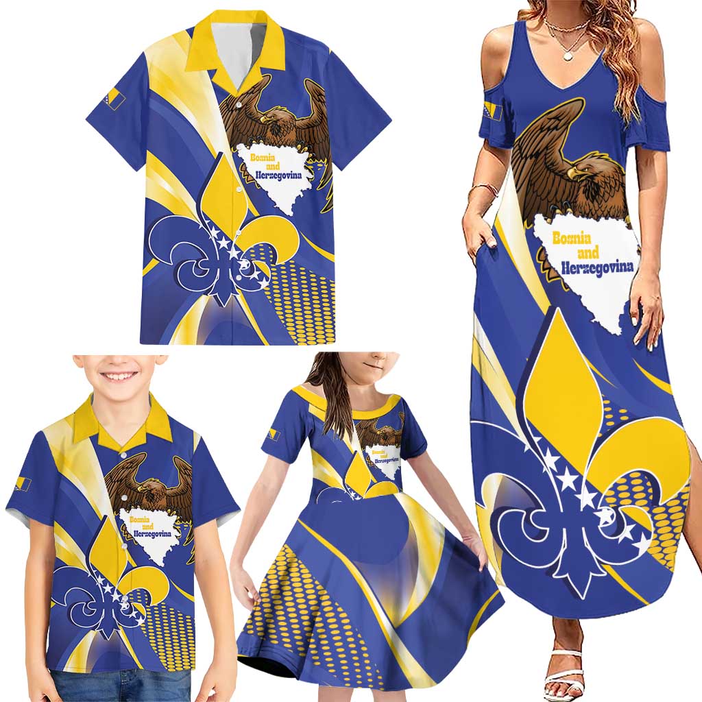 Bosnia and Herzegovina Independence Day Family Matching Summer Maxi Dress and Hawaiian Shirt Zlatni Ljiljan Map With Eagle Proud
