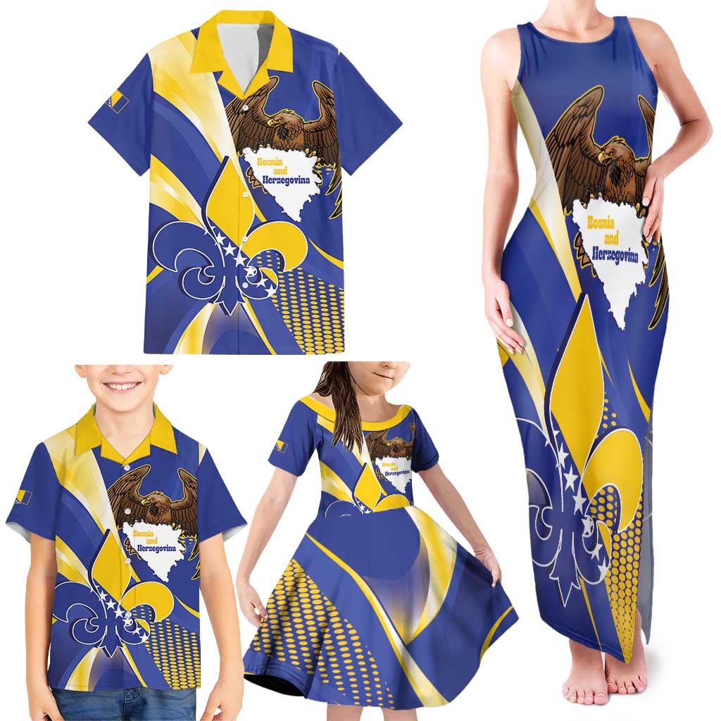 Bosnia and Herzegovina Independence Day Family Matching Tank Maxi Dress and Hawaiian Shirt Zlatni Ljiljan Map With Eagle Proud