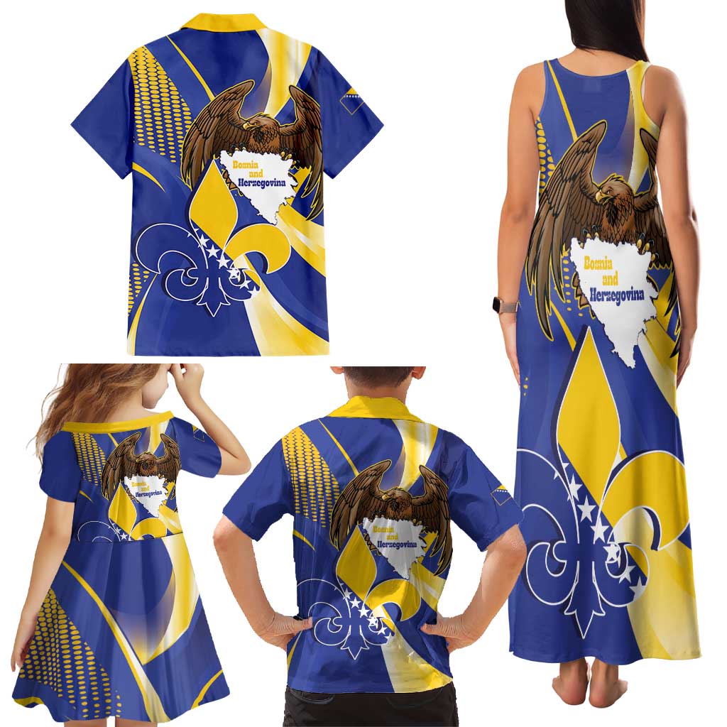 Bosnia and Herzegovina Independence Day Family Matching Tank Maxi Dress and Hawaiian Shirt Zlatni Ljiljan Map With Eagle Proud