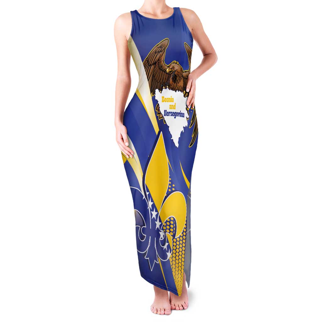 Bosnia and Herzegovina Independence Day Family Matching Tank Maxi Dress and Hawaiian Shirt Zlatni Ljiljan Map With Eagle Proud