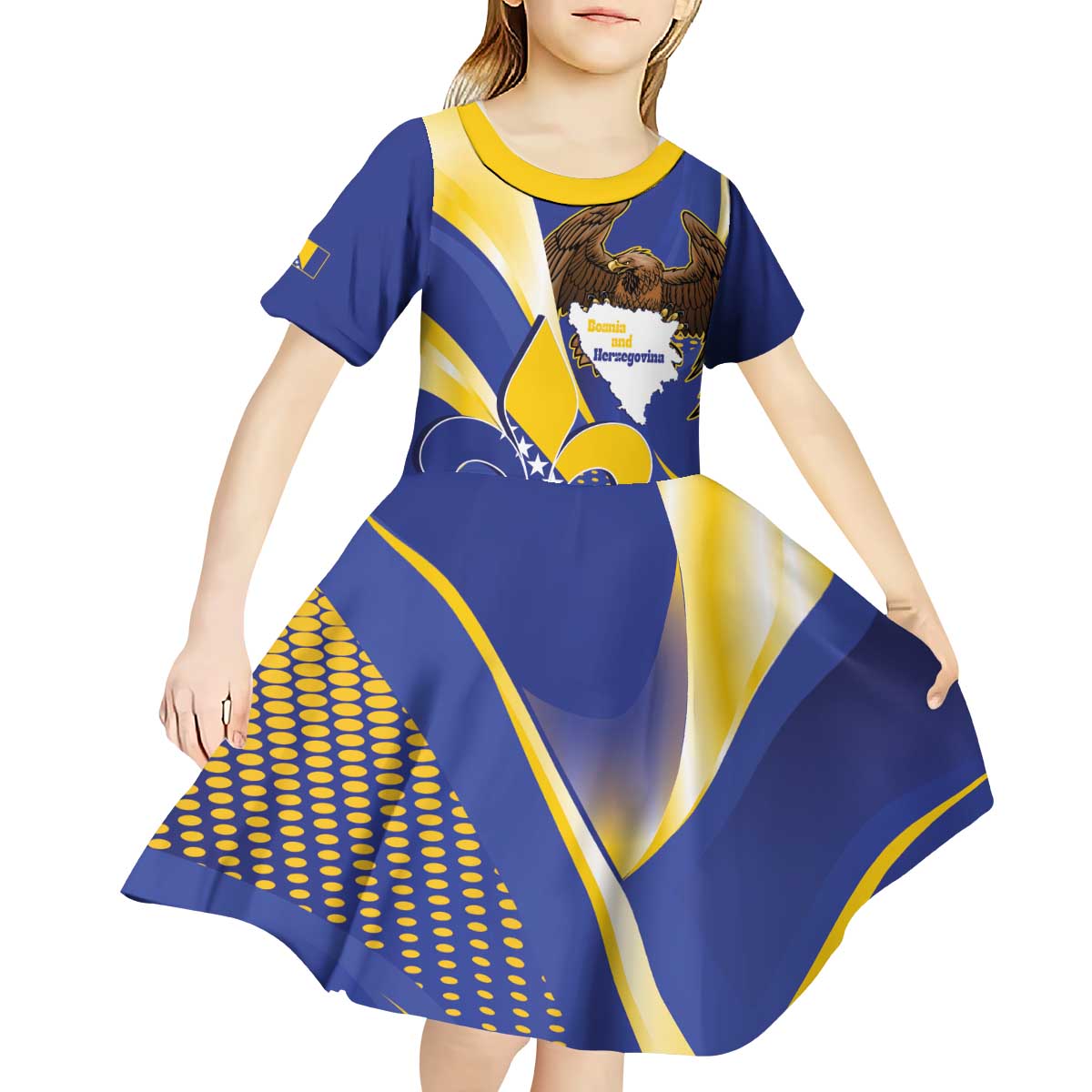 Bosnia and Herzegovina Independence Day Kid Short Sleeve Dress Zlatni Ljiljan Map With Eagle Proud