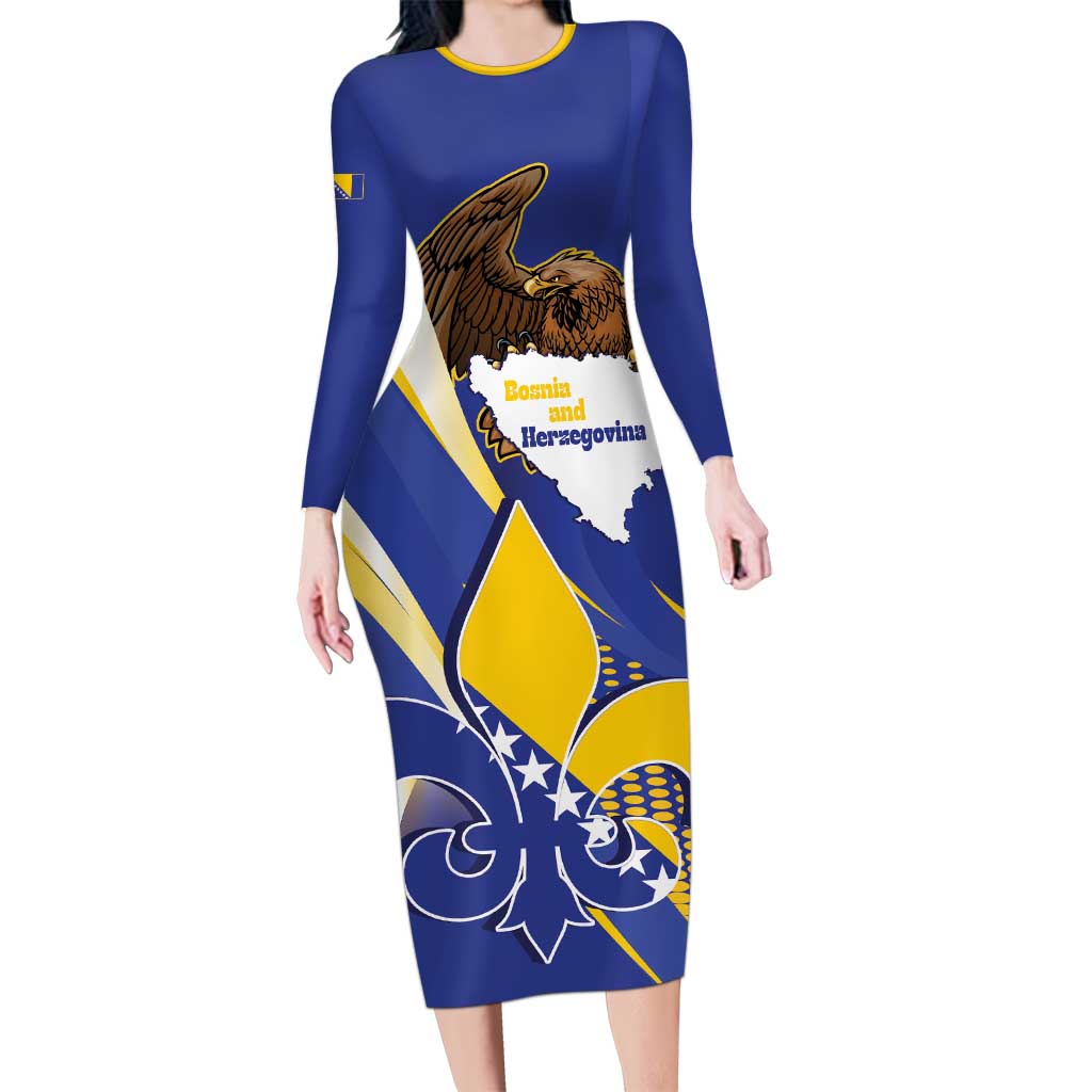 Bosnia and Herzegovina Independence Day Long Sleeve Bodycon Dress Zlatni Ljiljan Map With Eagle Proud