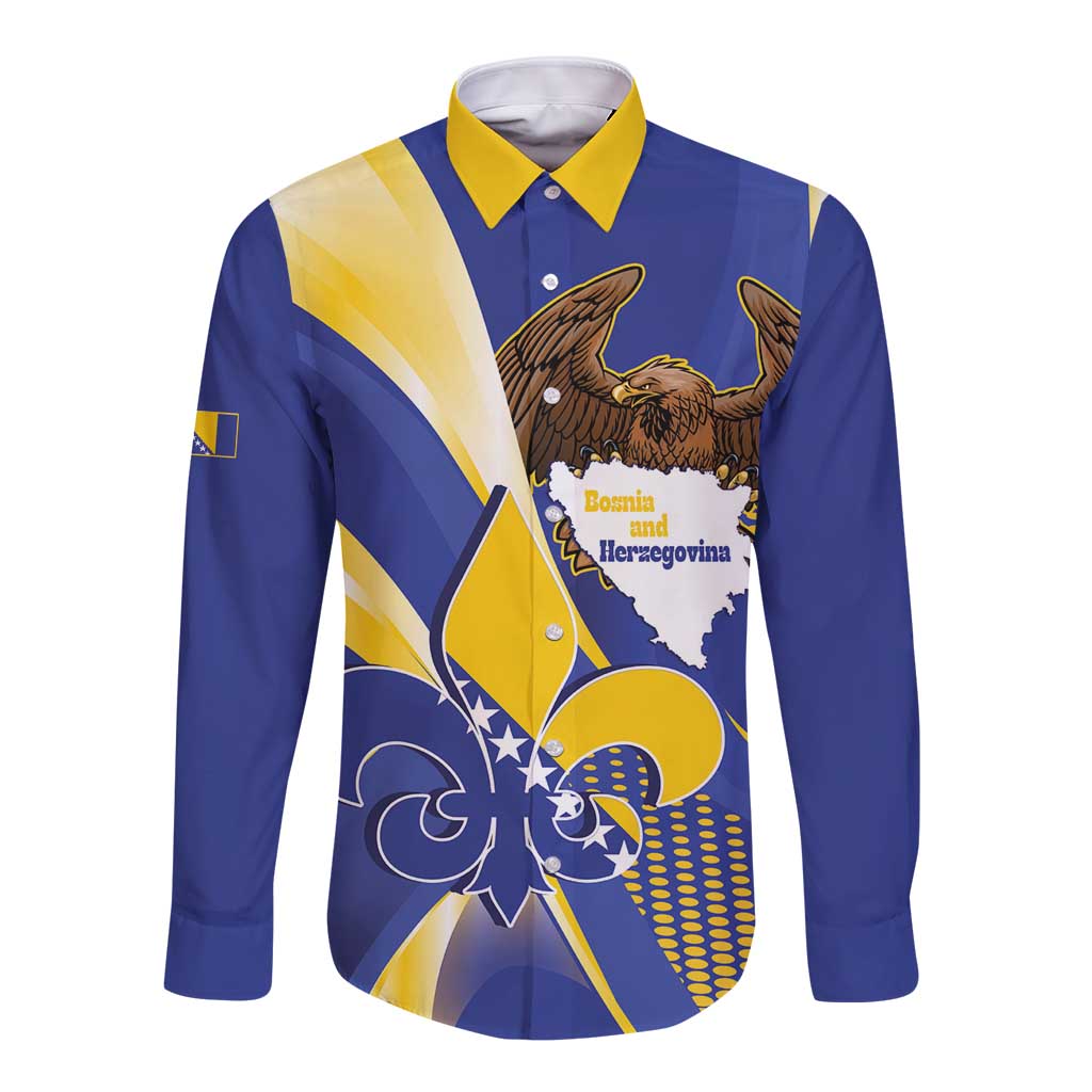 Bosnia and Herzegovina Independence Day Long Sleeve Button Shirt Zlatni Ljiljan Map With Eagle Proud