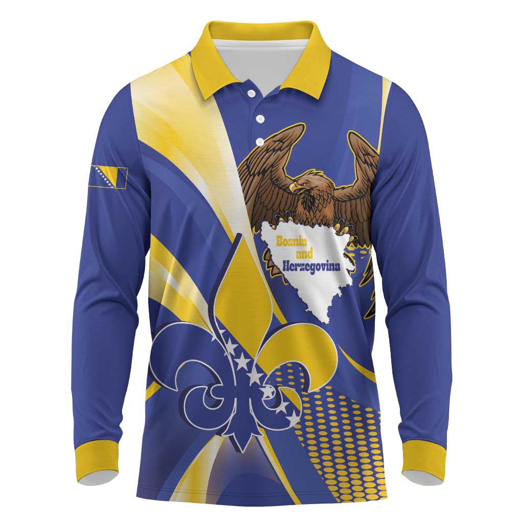 Bosnia and Herzegovina Independence Day Long Sleeve Polo Shirt Zlatni Ljiljan Map With Eagle Proud