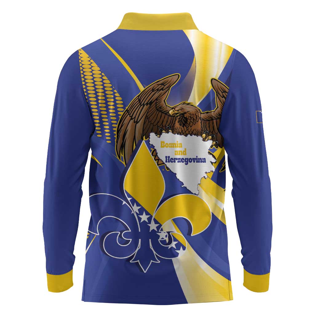 Bosnia and Herzegovina Independence Day Long Sleeve Polo Shirt Zlatni Ljiljan Map With Eagle Proud