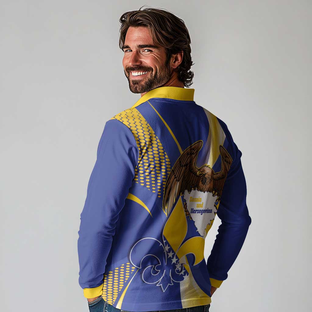 Bosnia and Herzegovina Independence Day Long Sleeve Polo Shirt Zlatni Ljiljan Map With Eagle Proud