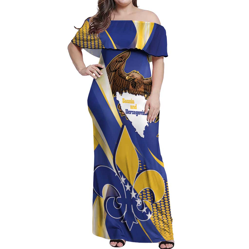 Bosnia and Herzegovina Independence Day Off Shoulder Maxi Dress Zlatni Ljiljan Map With Eagle Proud