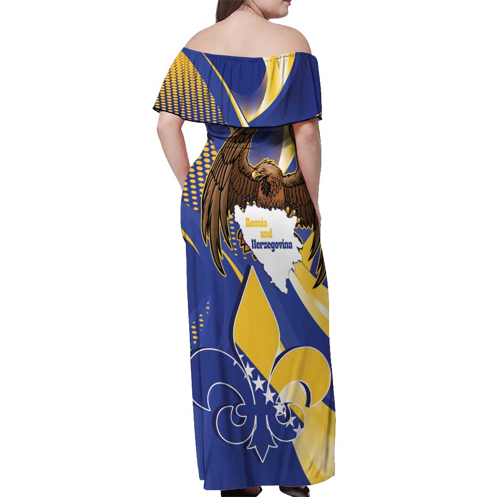 Bosnia and Herzegovina Independence Day Off Shoulder Maxi Dress Zlatni Ljiljan Map With Eagle Proud