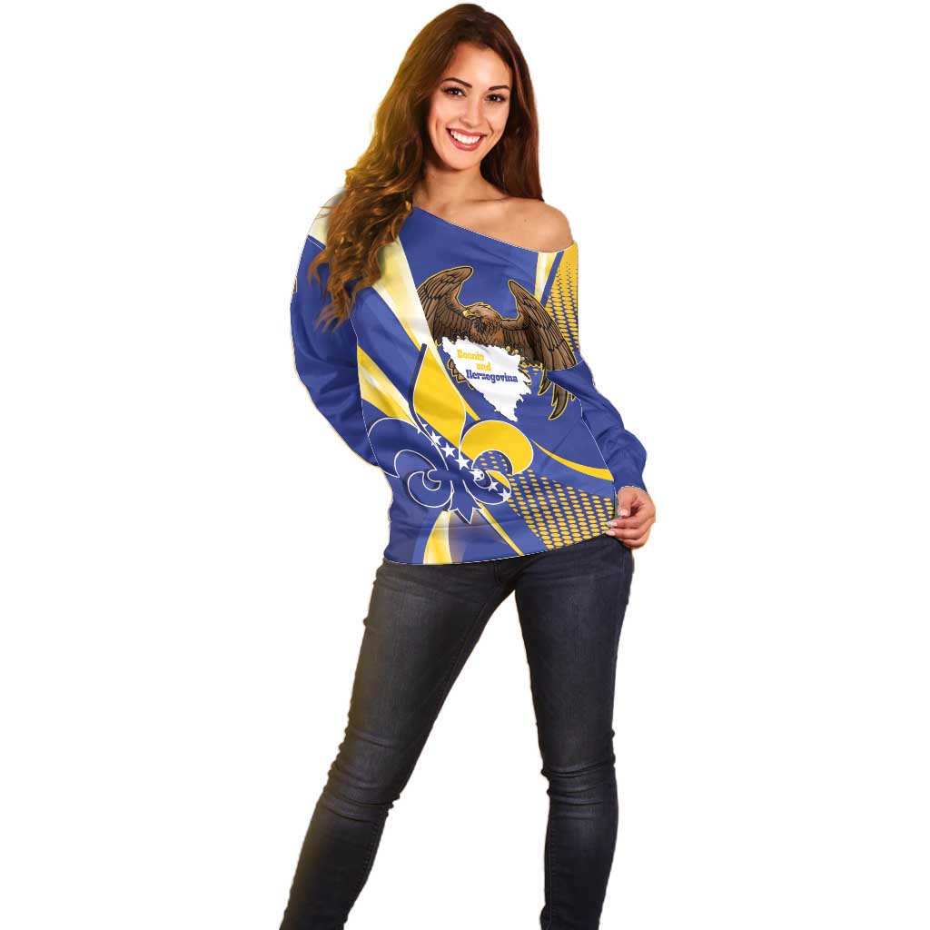 Bosnia and Herzegovina Independence Day Off Shoulder Sweater Zlatni Ljiljan Map With Eagle Proud