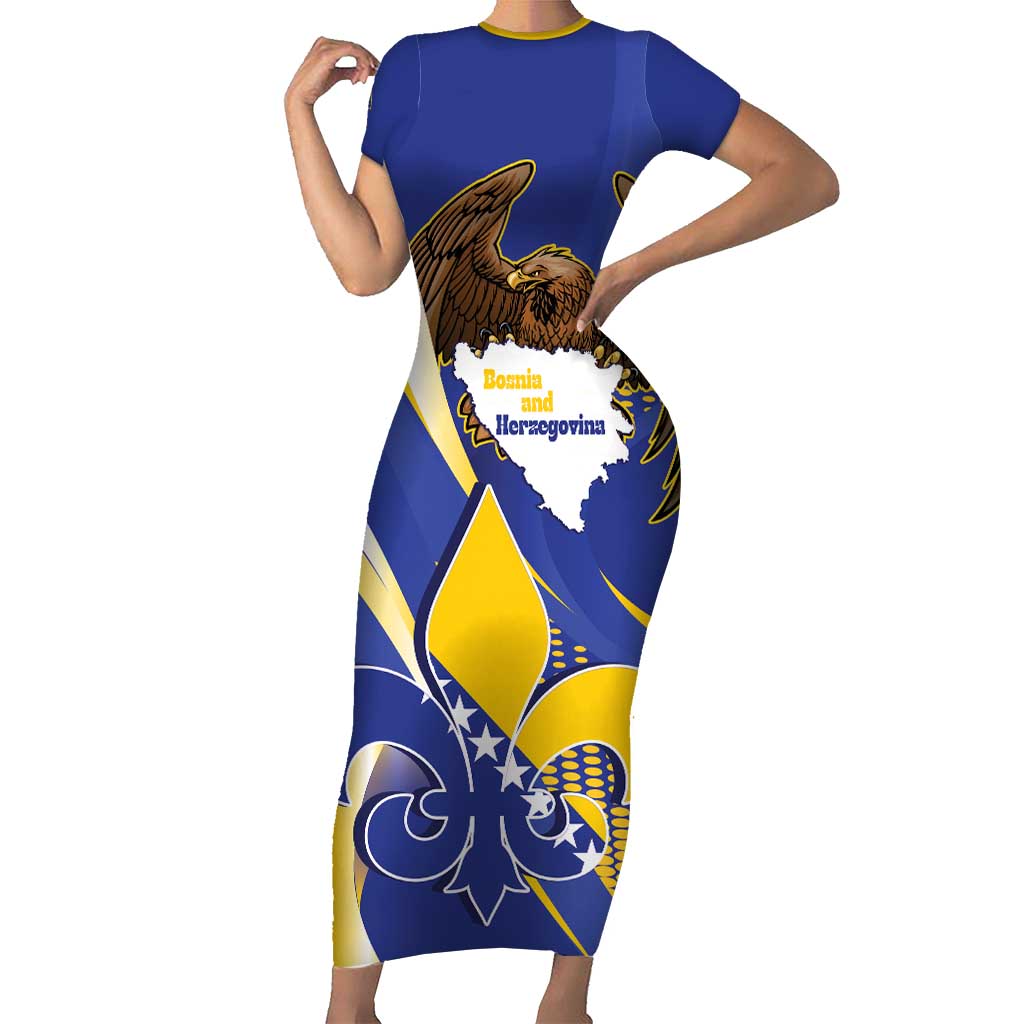 Bosnia and Herzegovina Independence Day Short Sleeve Bodycon Dress Zlatni Ljiljan Map With Eagle Proud