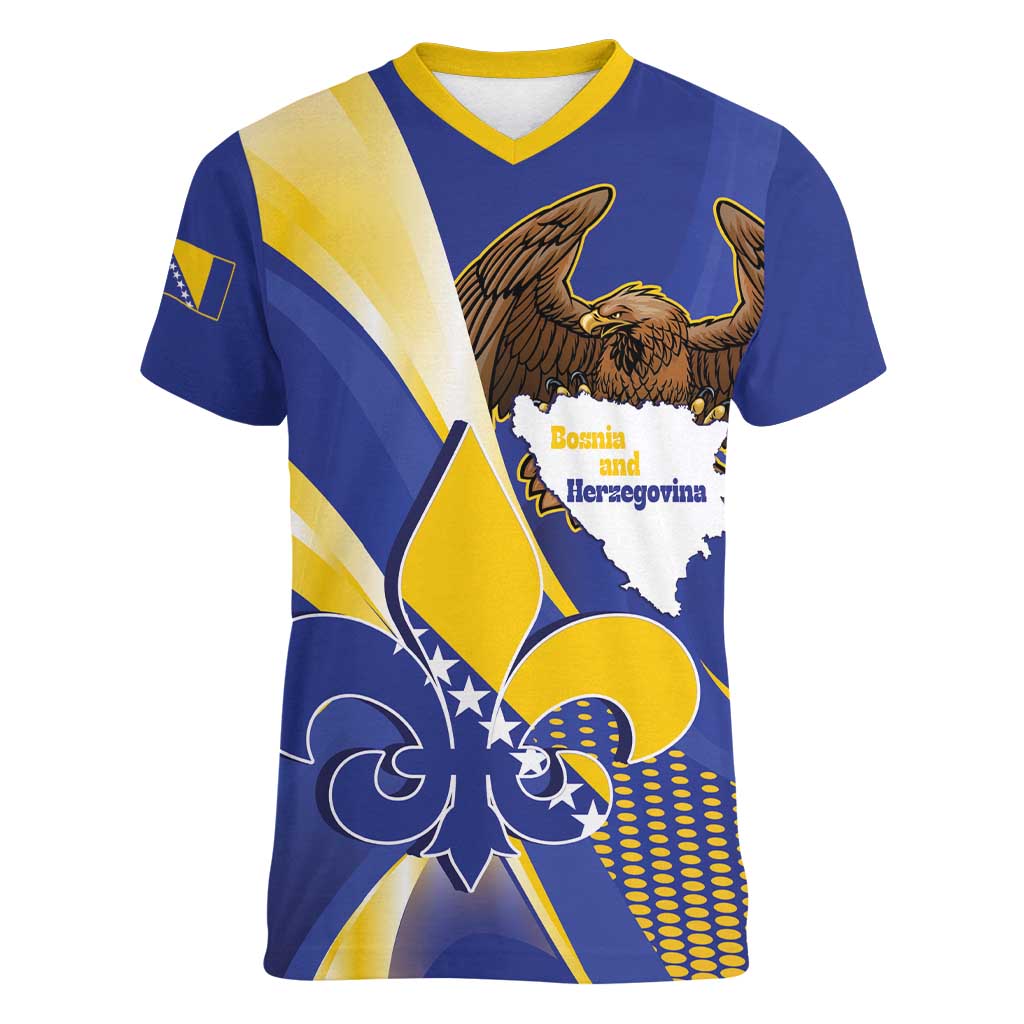 Bosnia and Herzegovina Independence Day Women V-Neck T-Shirt Zlatni Ljiljan Map With Eagle Proud