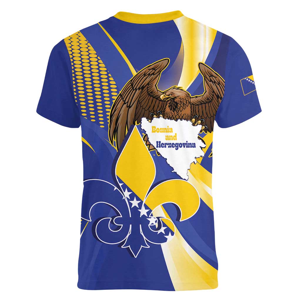 Bosnia and Herzegovina Independence Day Women V-Neck T-Shirt Zlatni Ljiljan Map With Eagle Proud