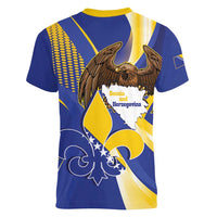 Bosnia and Herzegovina Independence Day Women V-Neck T-Shirt Zlatni Ljiljan Map With Eagle Proud