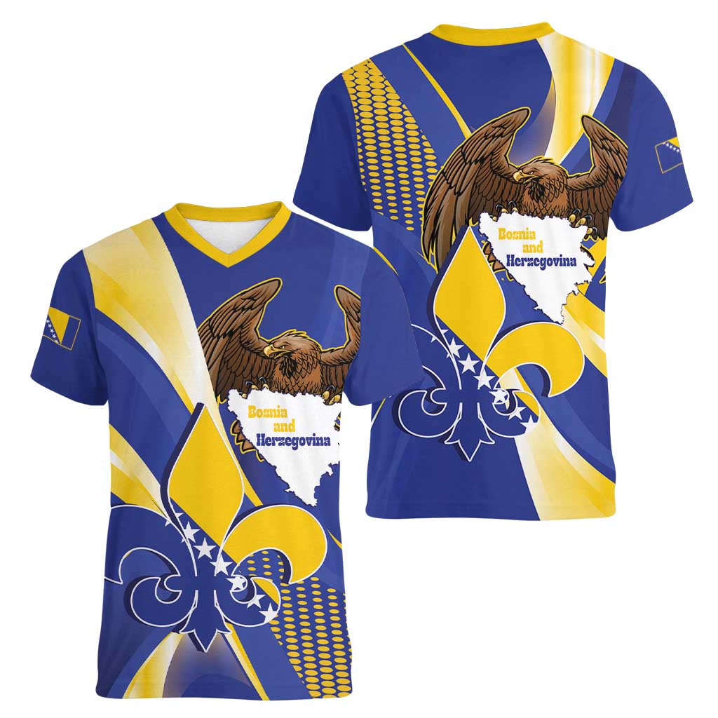 Bosnia and Herzegovina Independence Day Women V-Neck T-Shirt Zlatni Ljiljan Map With Eagle Proud