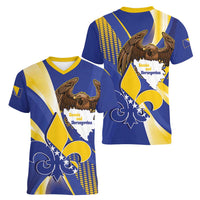 Bosnia and Herzegovina Independence Day Women V-Neck T-Shirt Zlatni Ljiljan Map With Eagle Proud