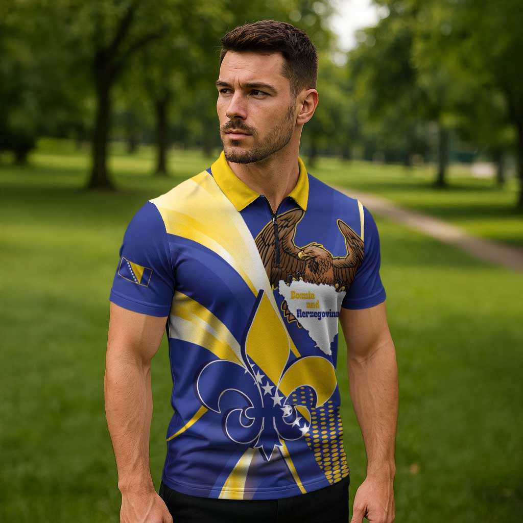 Bosnia and Herzegovina Independence Day Zipper Polo Shirt Zlatni Ljiljan Map With Eagle Proud