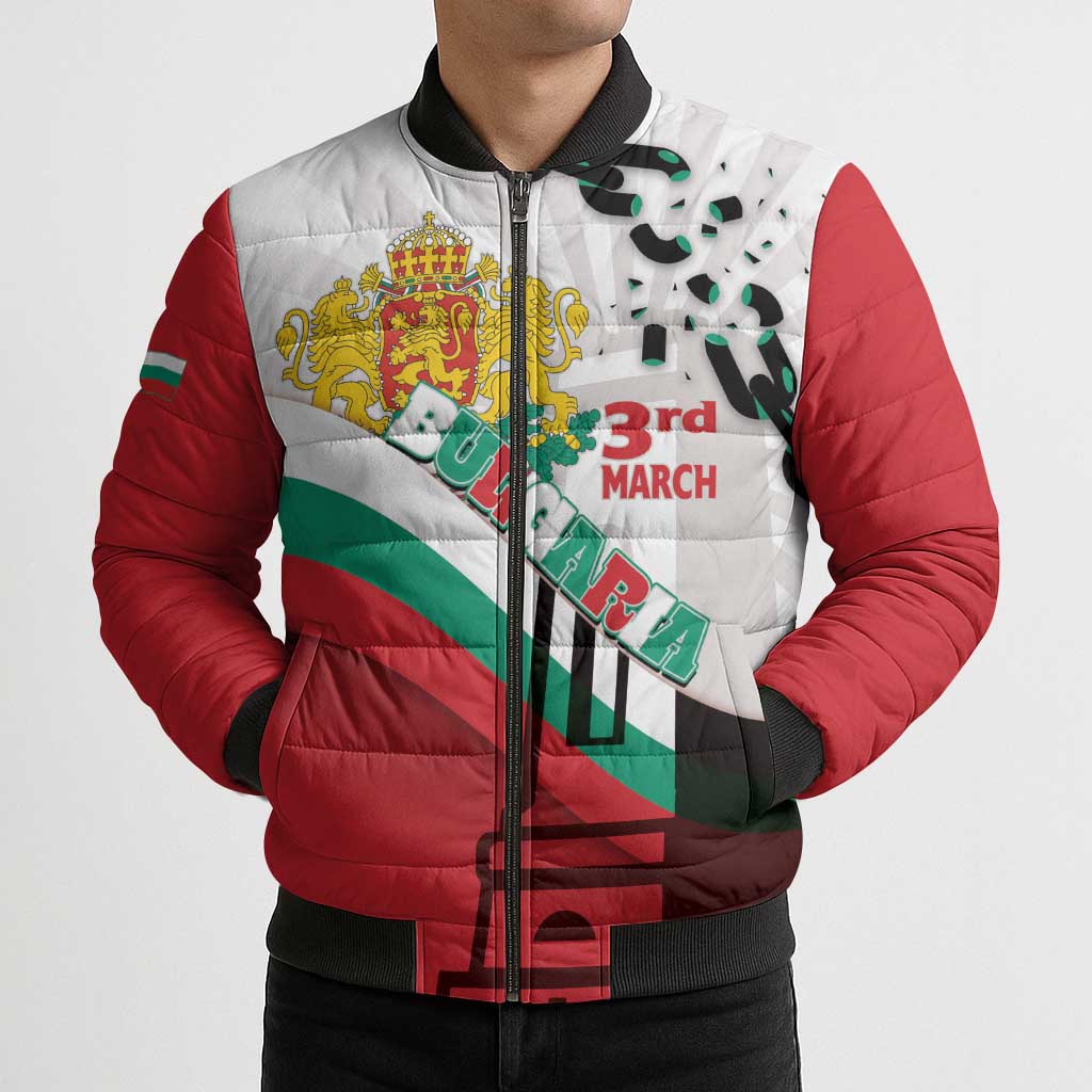 Personalized Bulgaria Liberation Day Bomber Puffer Jacket Happy 3rd March Shipka Monument Curve Flag