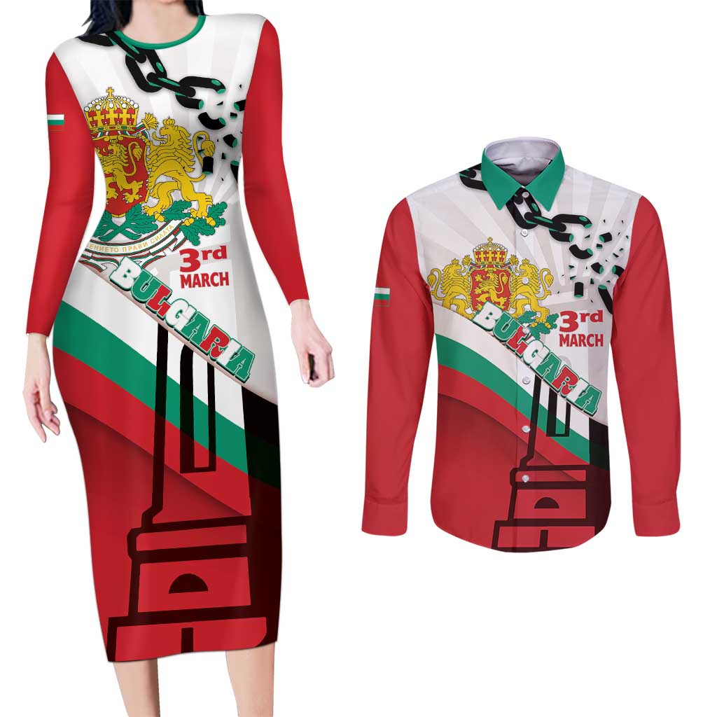 Personalized Bulgaria Liberation Day Couples Matching Long Sleeve Bodycon Dress and Long Sleeve Button Shirt Happy 3rd March Shipka Monument Curve Flag