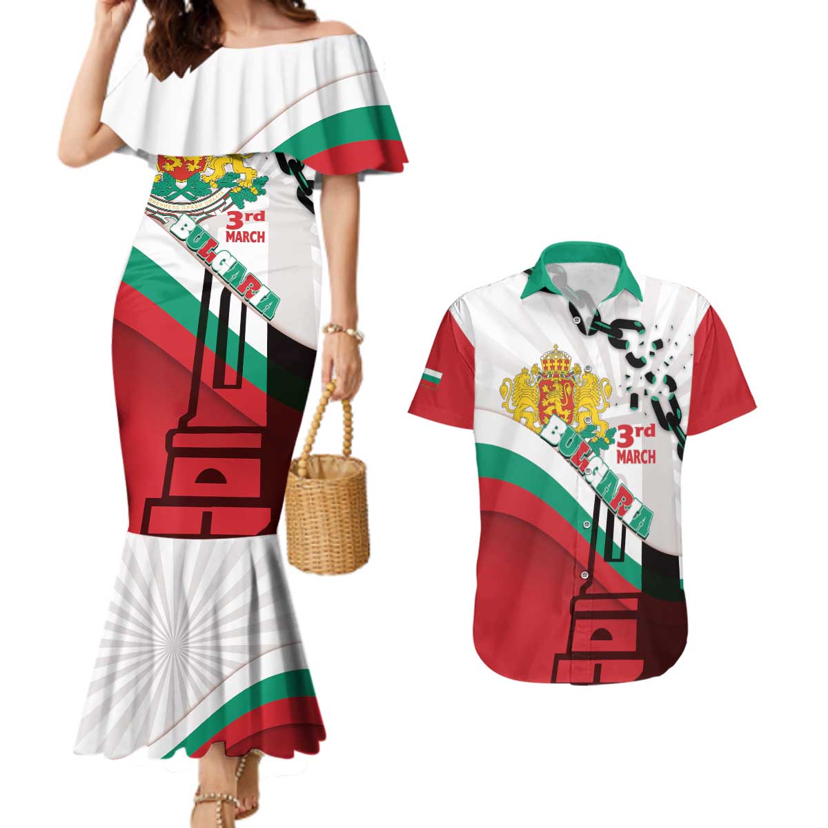 Personalized Bulgaria Liberation Day Couples Matching Mermaid Dress and Hawaiian Shirt Happy 3rd March Shipka Monument Curve Flag