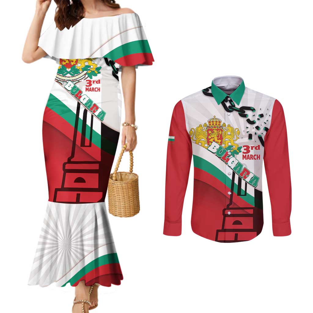 Personalized Bulgaria Liberation Day Couples Matching Mermaid Dress and Long Sleeve Button Shirt Happy 3rd March Shipka Monument Curve Flag