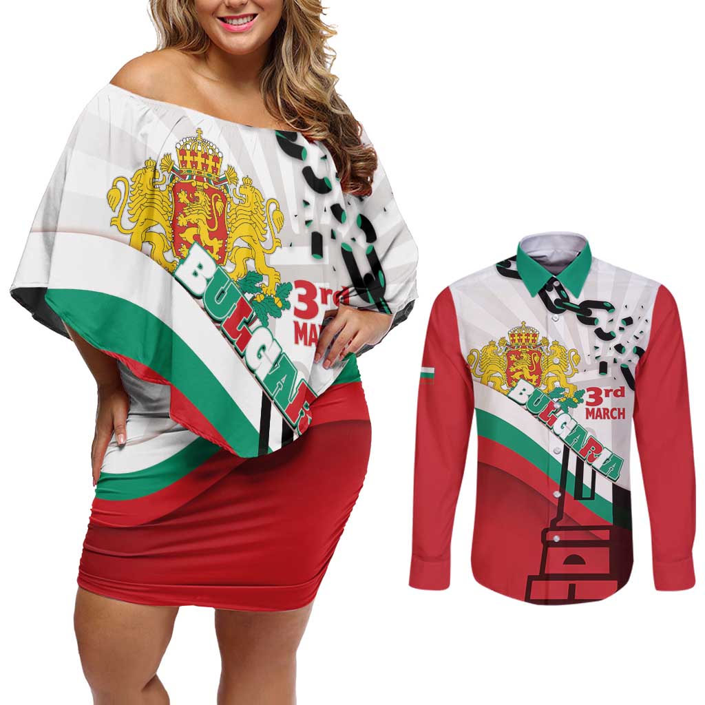 Personalized Bulgaria Liberation Day Couples Matching Off Shoulder Short Dress and Long Sleeve Button Shirt Happy 3rd March Shipka Monument Curve Flag