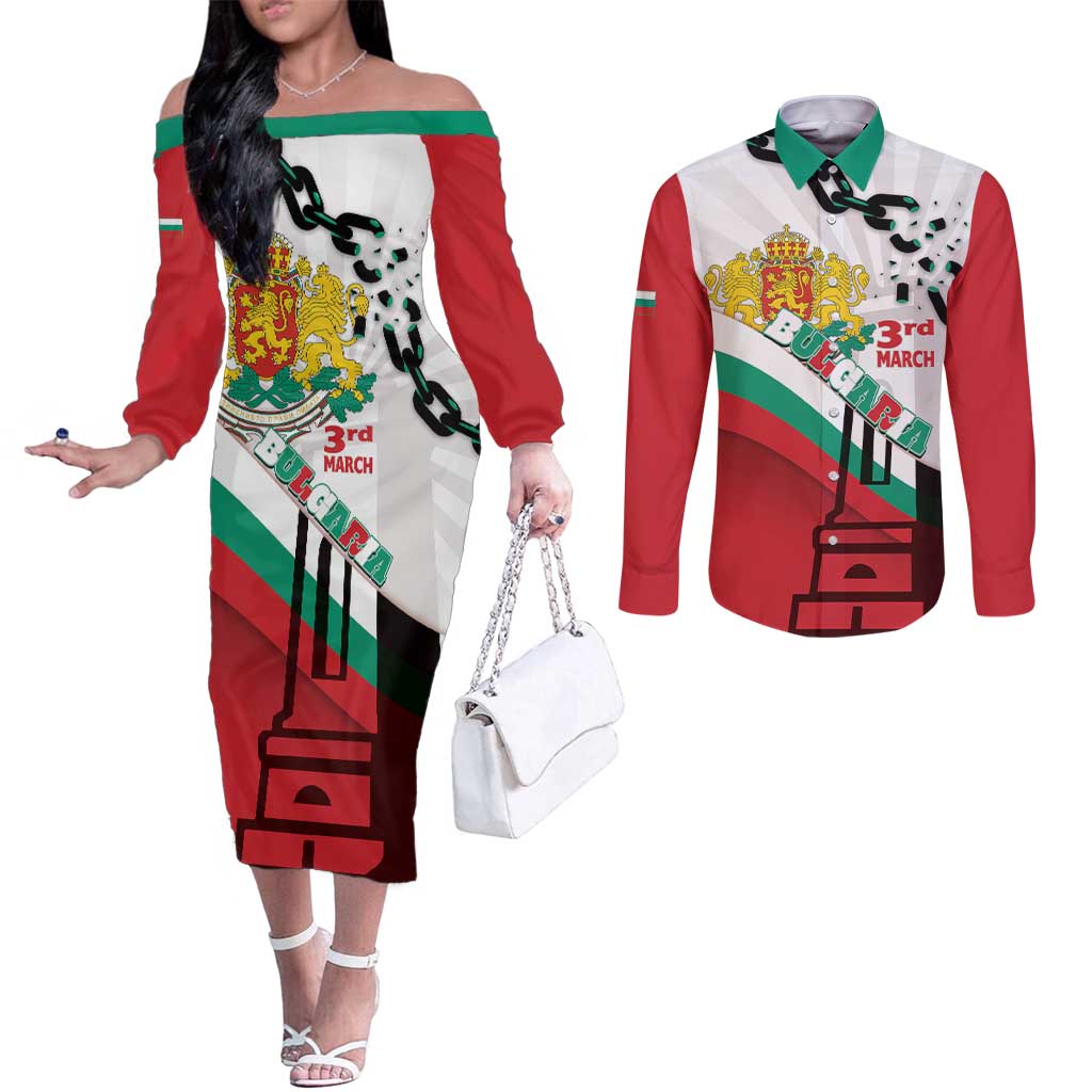 Personalized Bulgaria Liberation Day Couples Matching Off The Shoulder Long Sleeve Dress and Long Sleeve Button Shirt Happy 3rd March Shipka Monument Curve Flag