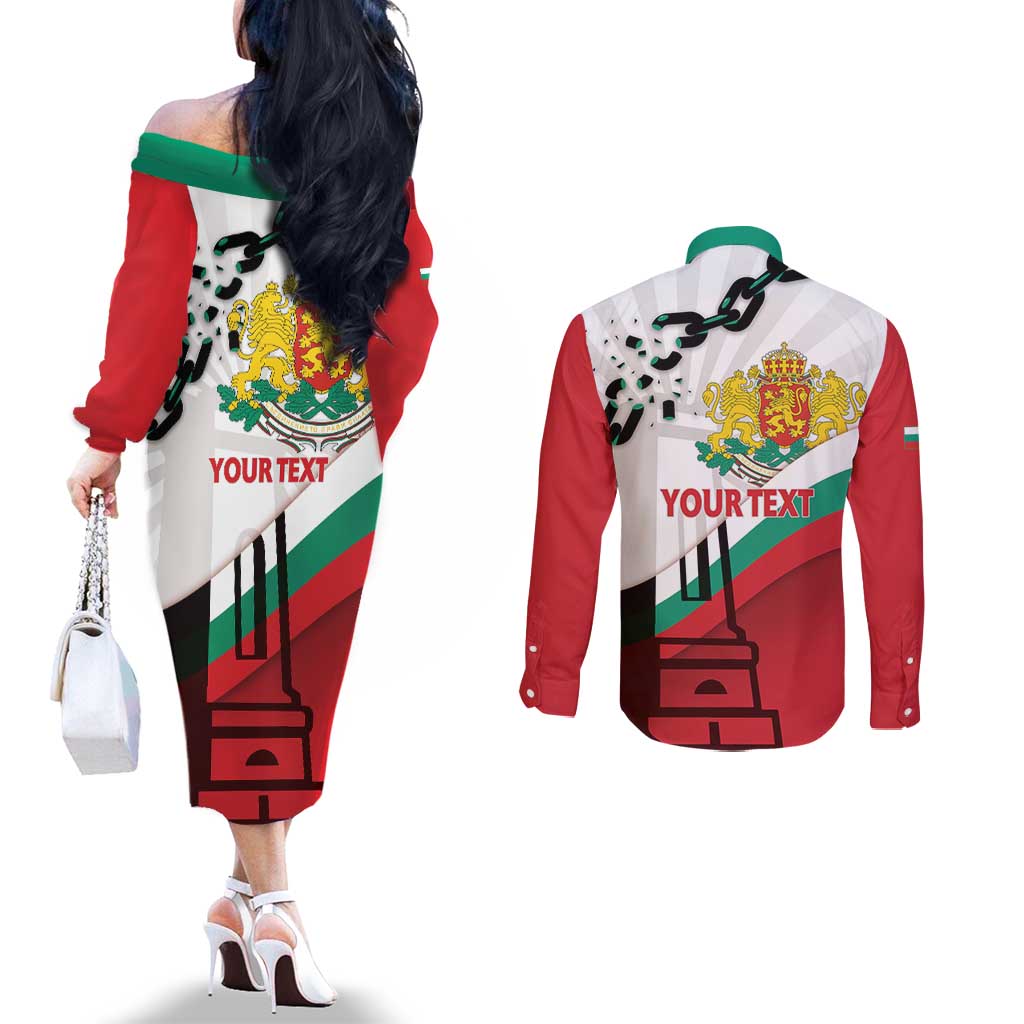 Personalized Bulgaria Liberation Day Couples Matching Off The Shoulder Long Sleeve Dress and Long Sleeve Button Shirt Happy 3rd March Shipka Monument Curve Flag