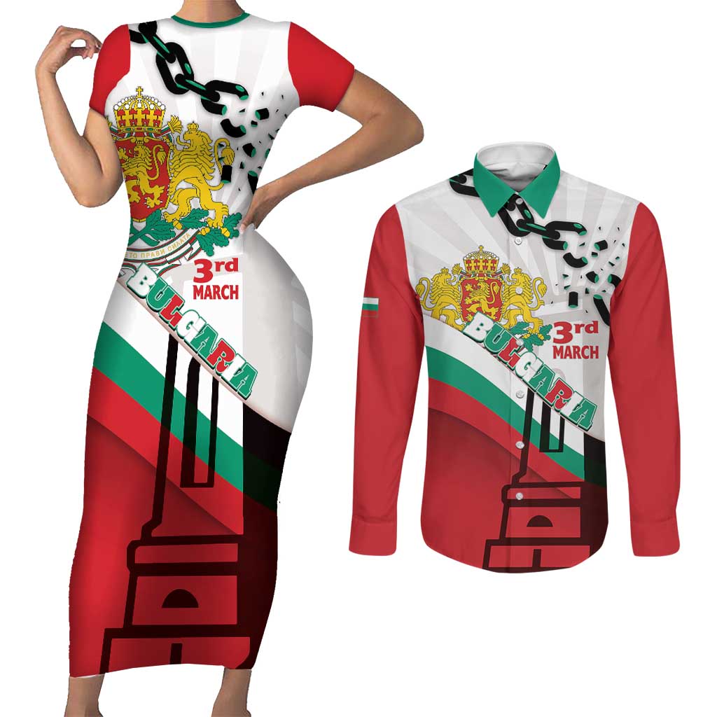 Personalized Bulgaria Liberation Day Couples Matching Short Sleeve Bodycon Dress and Long Sleeve Button Shirt Happy 3rd March Shipka Monument Curve Flag