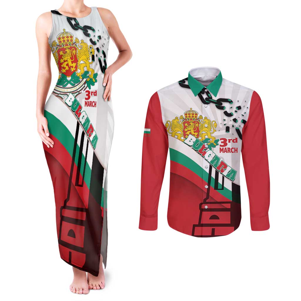 Personalized Bulgaria Liberation Day Couples Matching Tank Maxi Dress and Long Sleeve Button Shirt Happy 3rd March Shipka Monument Curve Flag