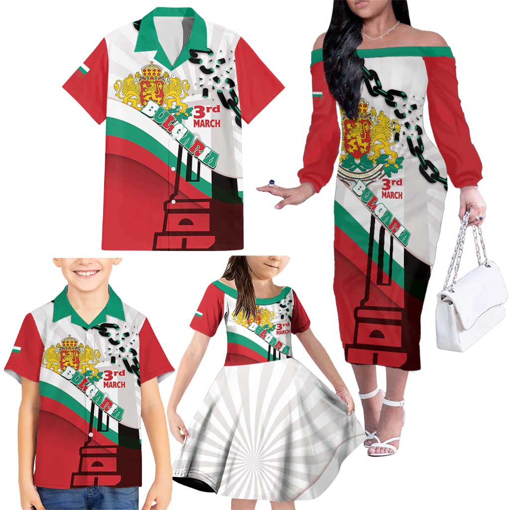 Personalized Bulgaria Liberation Day Family Matching Off The Shoulder Long Sleeve Dress and Hawaiian Shirt Happy 3rd March Shipka Monument Curve Flag