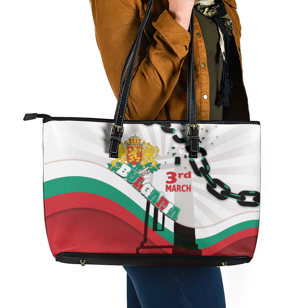 Bulgaria Liberation Day Leather Tote Bag Happy 3rd March Shipka Monument Curve Flag