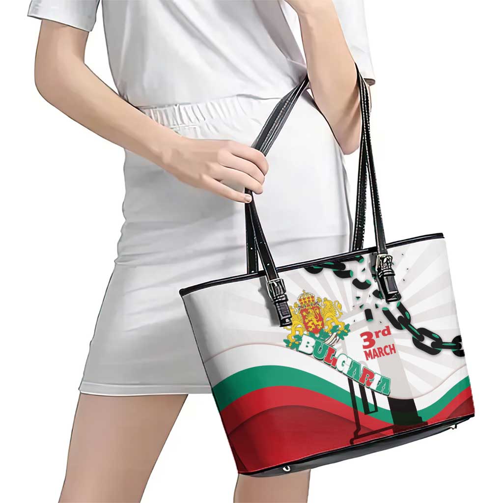 Bulgaria Liberation Day Leather Tote Bag Happy 3rd March Shipka Monument Curve Flag