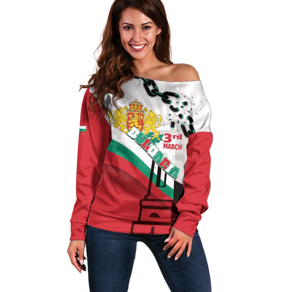Personalized Bulgaria Liberation Day Off Shoulder Sweater Happy 3rd March Shipka Monument Curve Flag