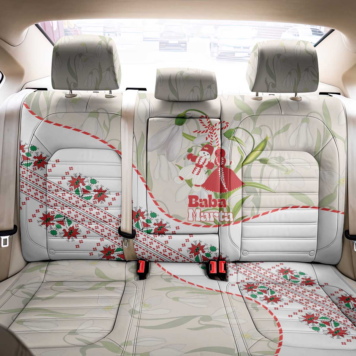 Baba Marta Bulgaria Back Car Seat Cover Martenitsa Snowdrop Shevitsa Folk Pattern