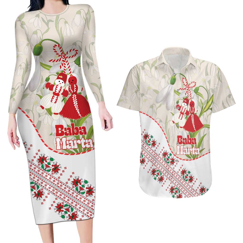 Baba Marta Bulgaria Couples Matching Long Sleeve Bodycon Dress and Hawaiian Shirt Martenitsa Snowdrop Shevitsa Folk Pattern