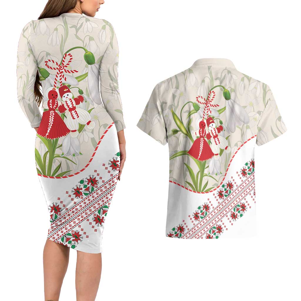 Baba Marta Bulgaria Couples Matching Long Sleeve Bodycon Dress and Hawaiian Shirt Martenitsa Snowdrop Shevitsa Folk Pattern