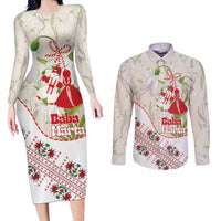 Baba Marta Bulgaria Couples Matching Long Sleeve Bodycon Dress and Long Sleeve Button Shirt Martenitsa Snowdrop Shevitsa Folk Pattern