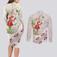 Baba Marta Bulgaria Couples Matching Long Sleeve Bodycon Dress and Long Sleeve Button Shirt Martenitsa Snowdrop Shevitsa Folk Pattern