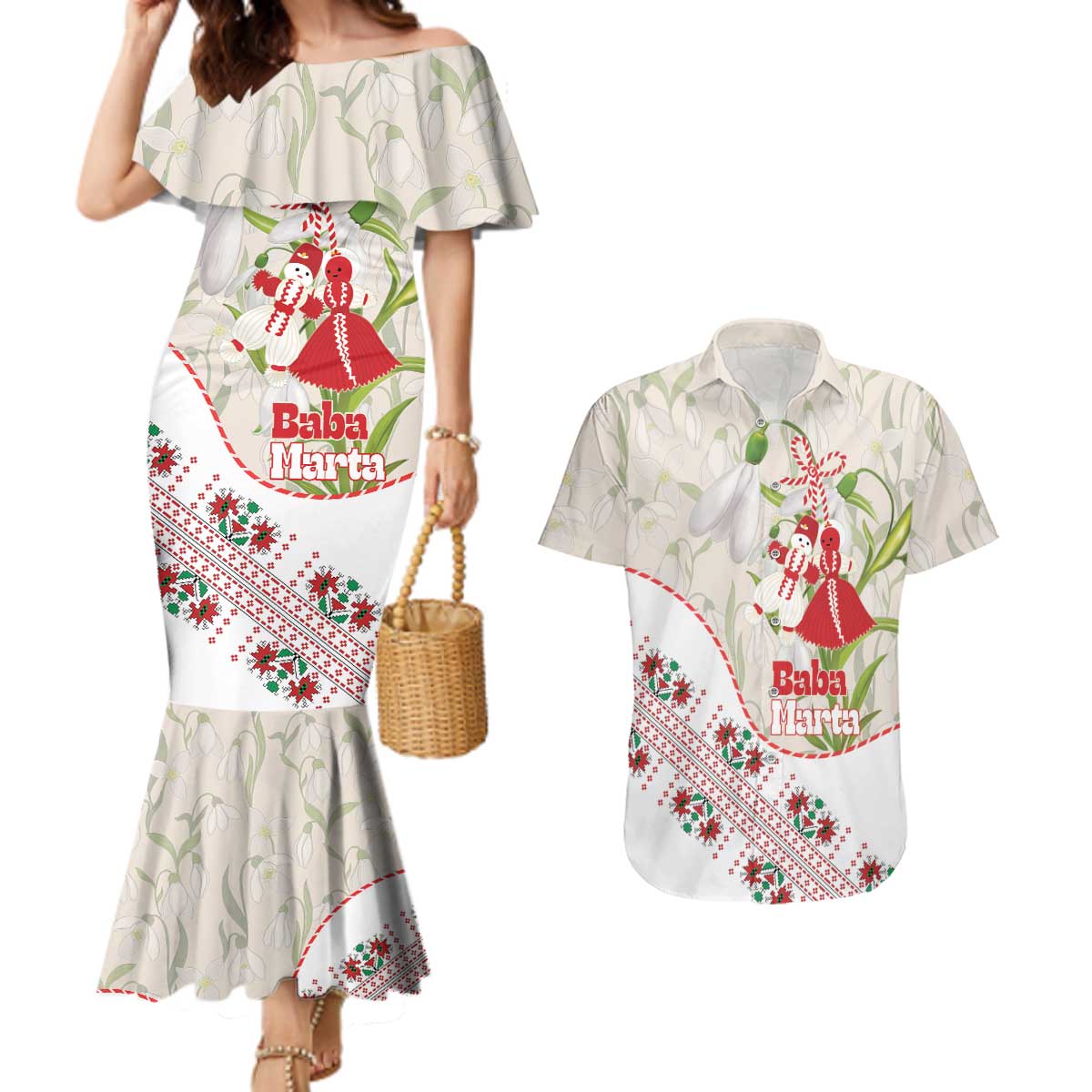 Baba Marta Bulgaria Couples Matching Mermaid Dress and Hawaiian Shirt Martenitsa Snowdrop Shevitsa Folk Pattern