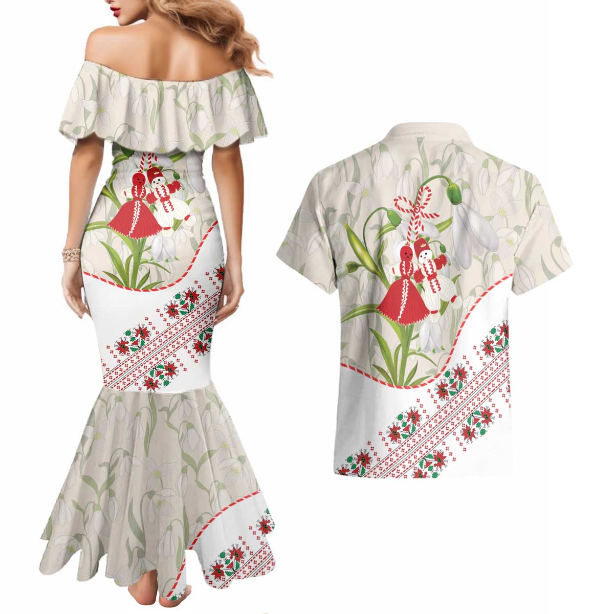 Baba Marta Bulgaria Couples Matching Mermaid Dress and Hawaiian Shirt Martenitsa Snowdrop Shevitsa Folk Pattern