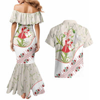 Baba Marta Bulgaria Couples Matching Mermaid Dress and Hawaiian Shirt Martenitsa Snowdrop Shevitsa Folk Pattern