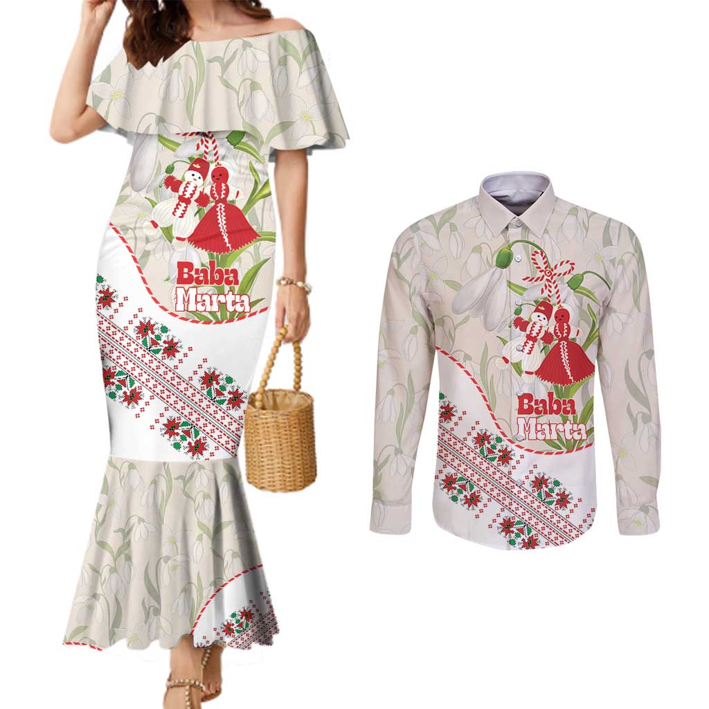 Baba Marta Bulgaria Couples Matching Mermaid Dress and Long Sleeve Button Shirt Martenitsa Snowdrop Shevitsa Folk Pattern
