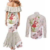 Baba Marta Bulgaria Couples Matching Mermaid Dress and Long Sleeve Button Shirt Martenitsa Snowdrop Shevitsa Folk Pattern