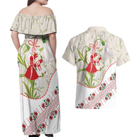 Baba Marta Bulgaria Couples Matching Off Shoulder Maxi Dress and Hawaiian Shirt Martenitsa Snowdrop Shevitsa Folk Pattern