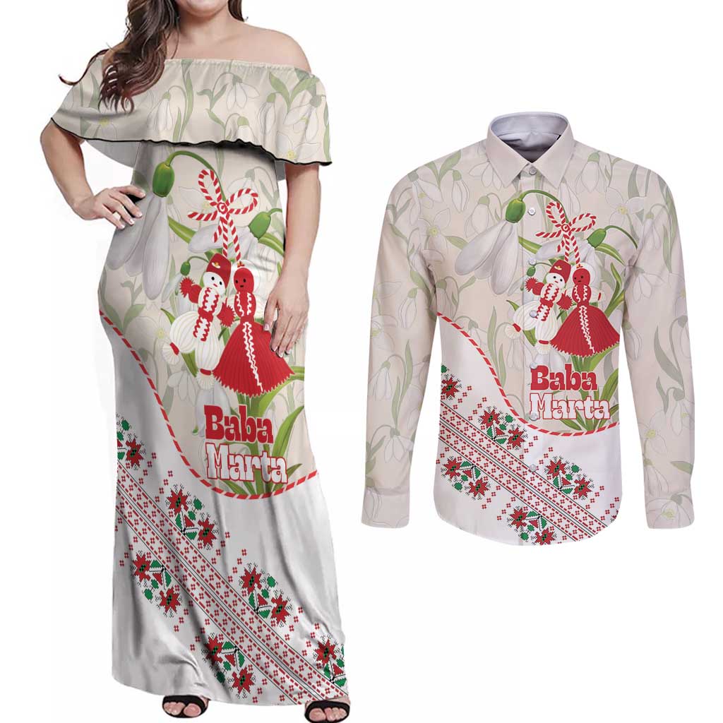 Baba Marta Bulgaria Couples Matching Off Shoulder Maxi Dress and Long Sleeve Button Shirt Martenitsa Snowdrop Shevitsa Folk Pattern