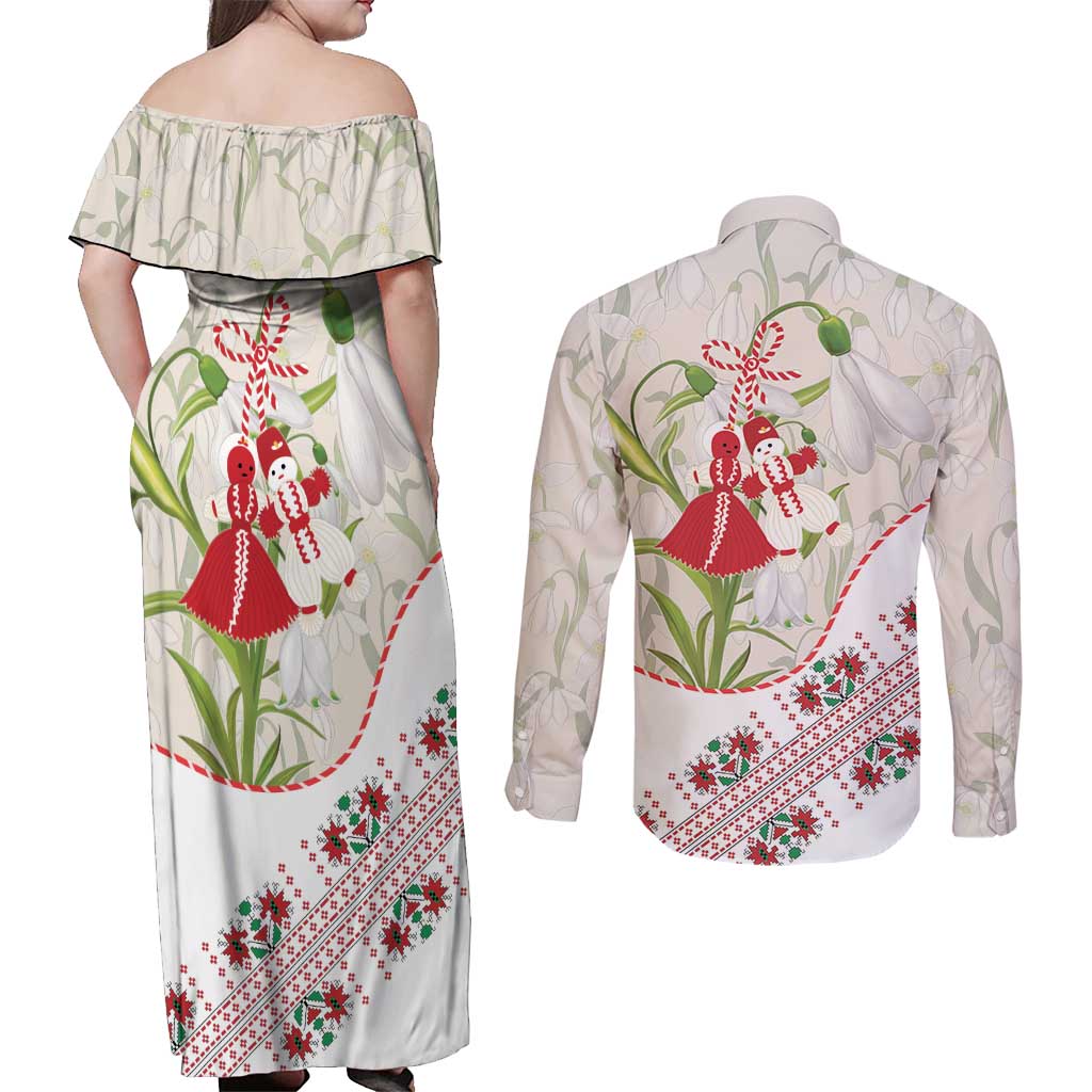 Baba Marta Bulgaria Couples Matching Off Shoulder Maxi Dress and Long Sleeve Button Shirt Martenitsa Snowdrop Shevitsa Folk Pattern