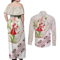 Baba Marta Bulgaria Couples Matching Off Shoulder Maxi Dress and Long Sleeve Button Shirt Martenitsa Snowdrop Shevitsa Folk Pattern